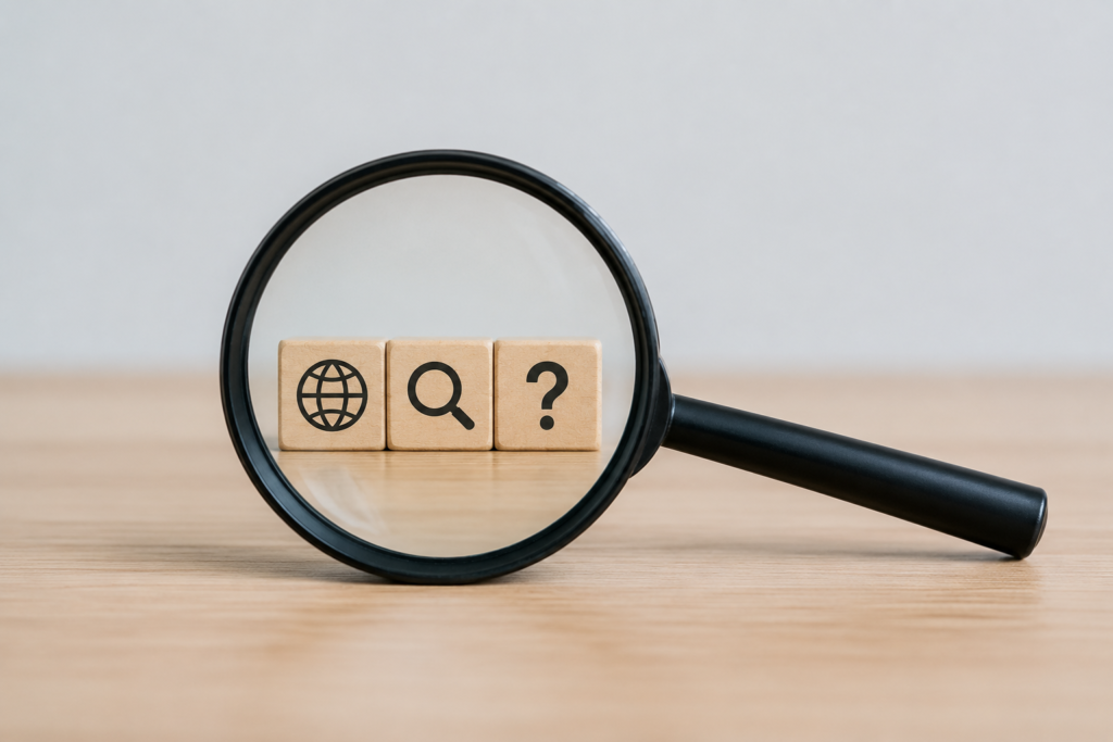 Magnifying glass examining website search and online information