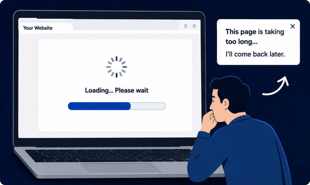 Illustration of a slow-loading website on a laptop with a visitor waiting for the page to load.