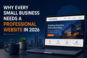 Professional small business website displayed on a laptop in a modern business setting