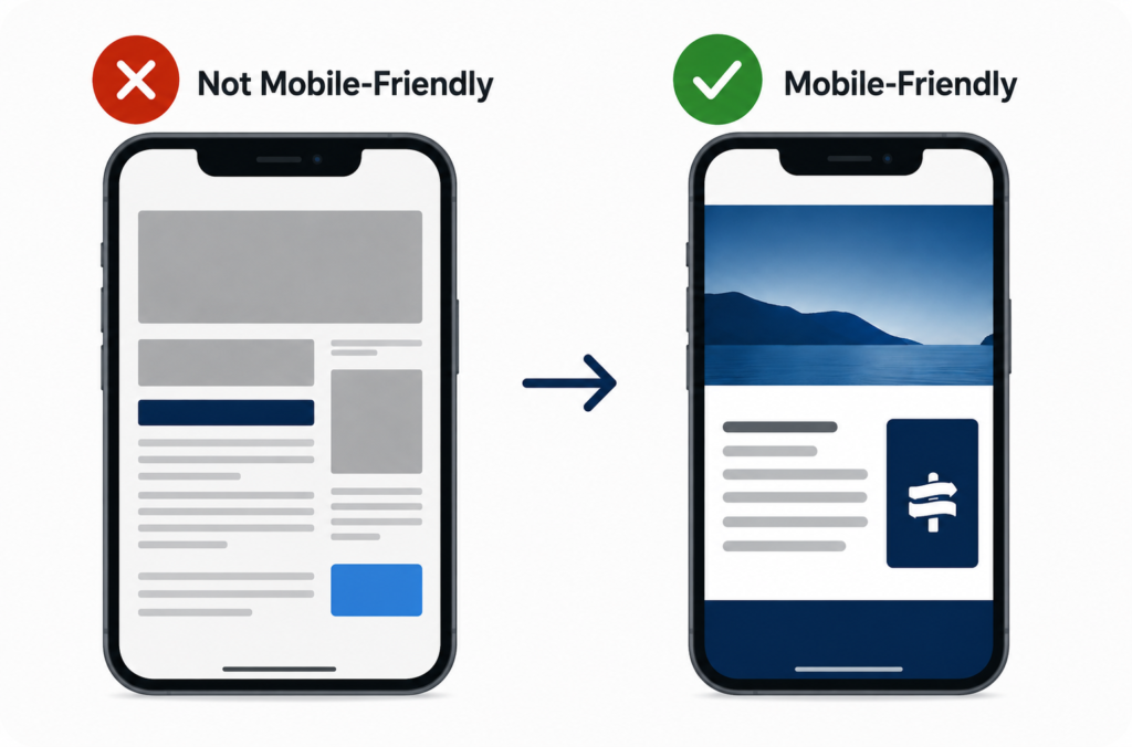 Comparison of a non-mobile-friendly and mobile-friendly website displayed on smartphones.