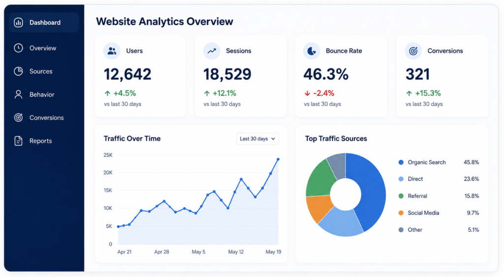 Website analytics dashboard showing users, sessions, bounce rate, conversions, traffic trends, and top traffic sources.