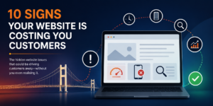 Blog cover illustration showing a laptop website with warning and performance icons, alongside a bridge, for an article about 10 signs a website may be costing a business customers.